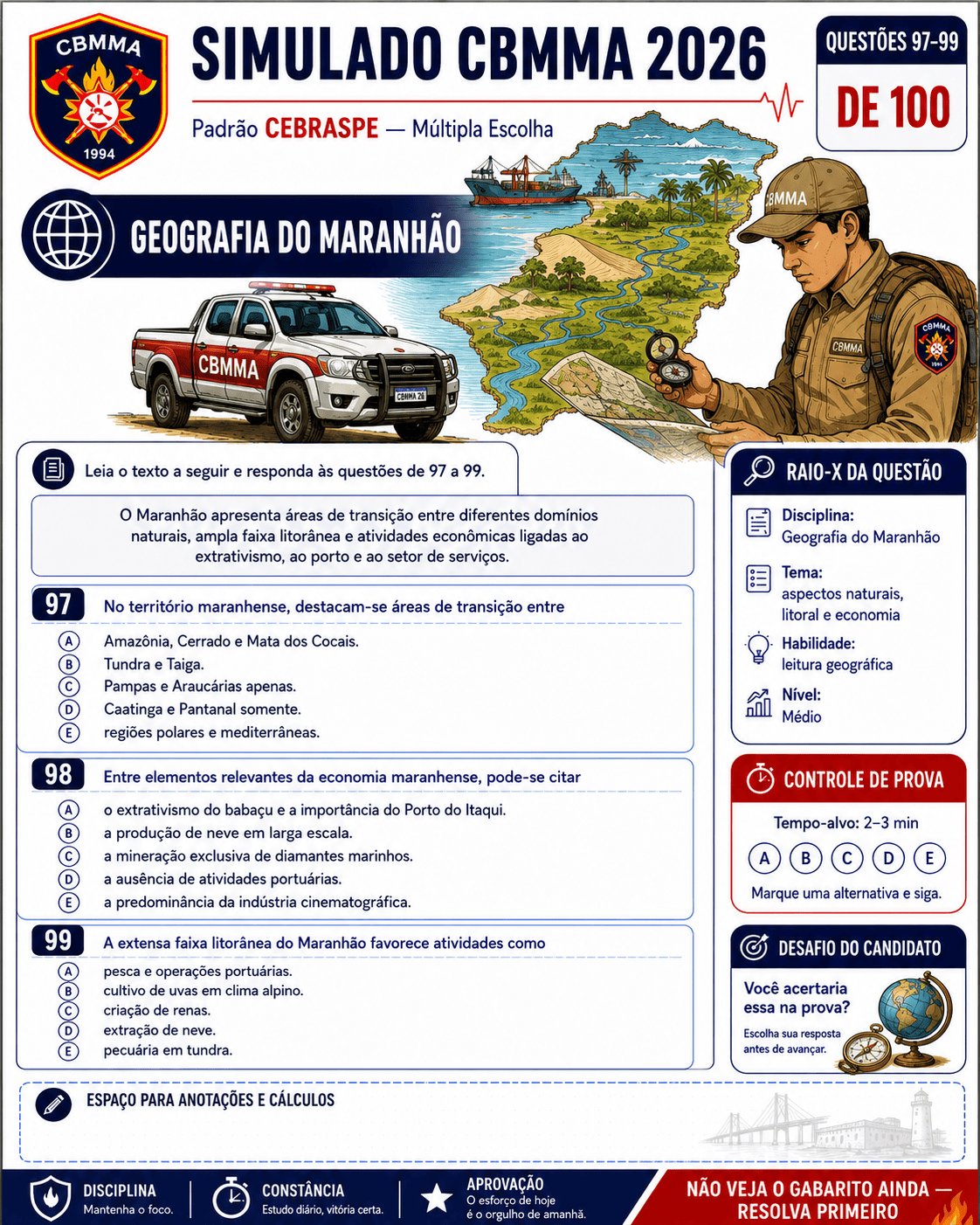 Amostra real de simulado do Kit Visual CBMMA 2026 para Soldado Combatente