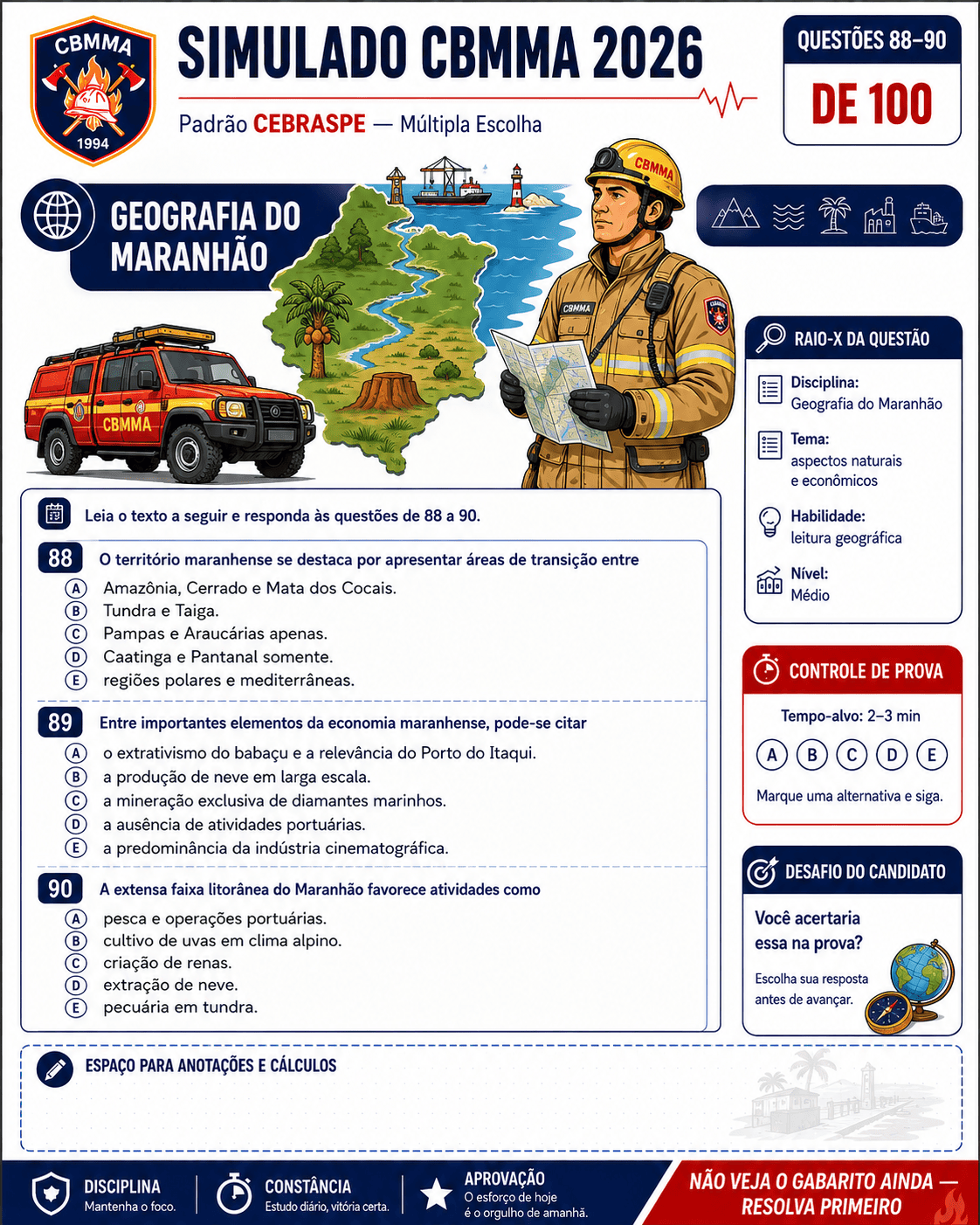 Amostra real de simulado do Kit Visual CBMMA 2026 para Soldado Combatente
